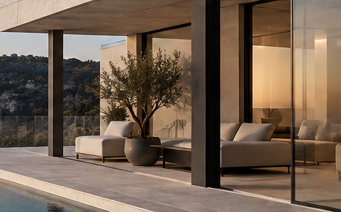 Arquitectura contemporánea de piedra y vidrio integrada en el paisaje