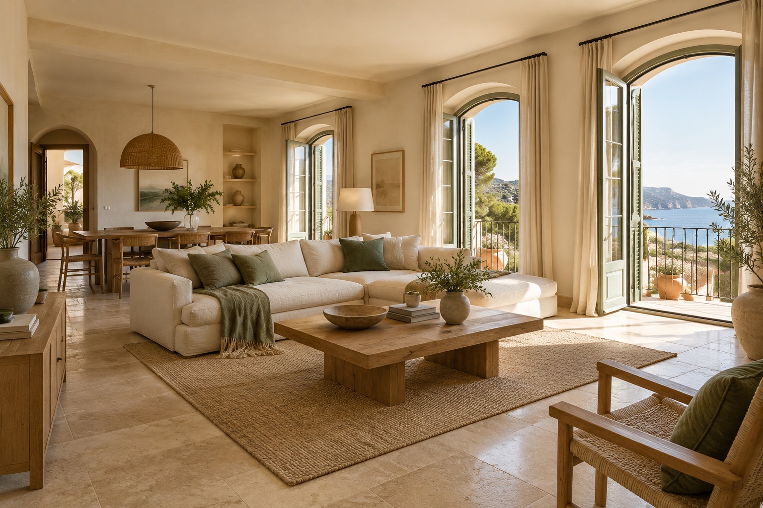 Interior de inspiración mediterránea, con materiales naturales y luz abierta al paisaje